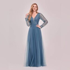 Ever pretty Sexy Deep V Neck Sequin & Tulle Maxi Evening Dress prom wedding